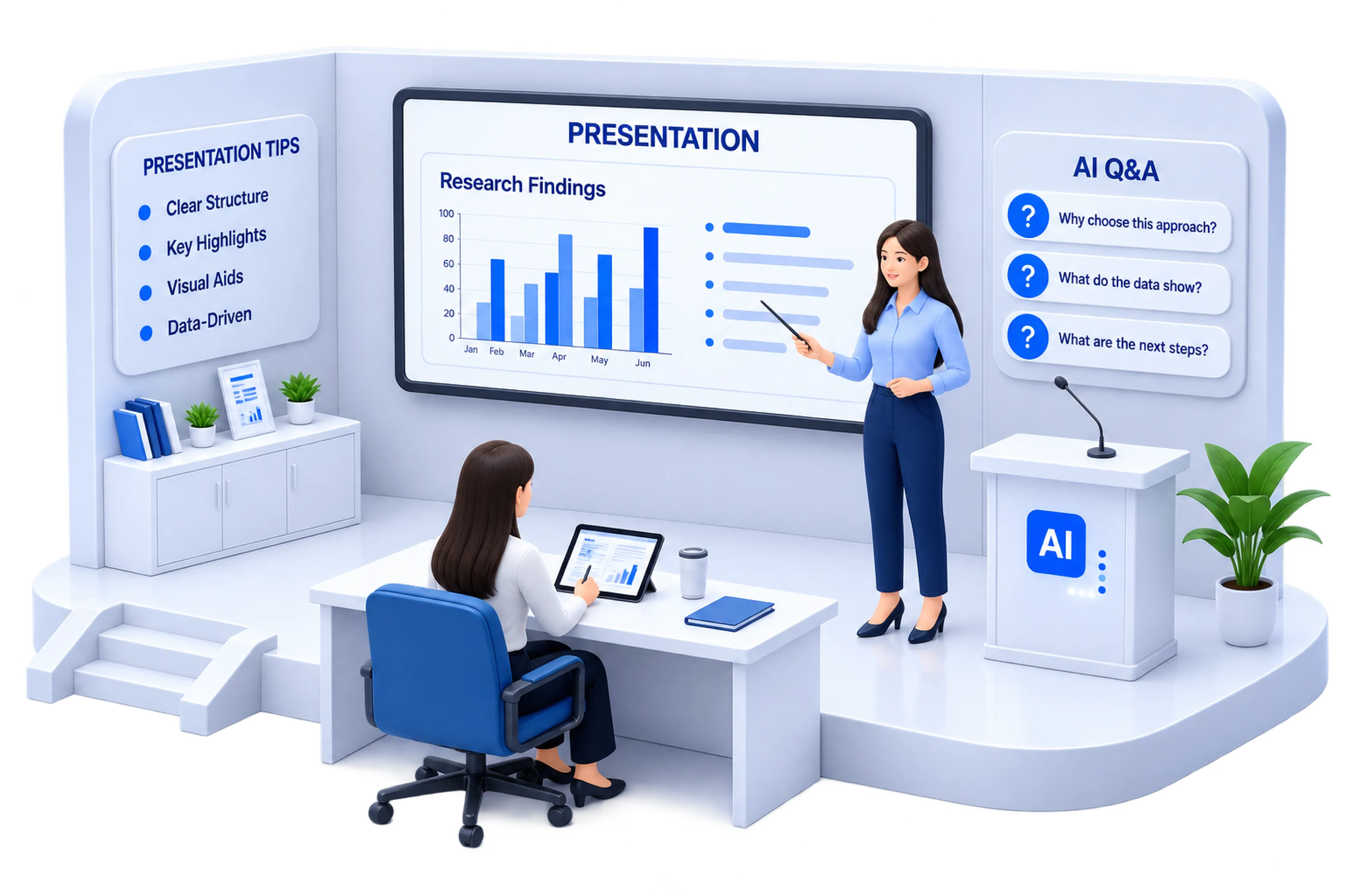 Isometric illustration of a presentation and live Q&A practice scenario