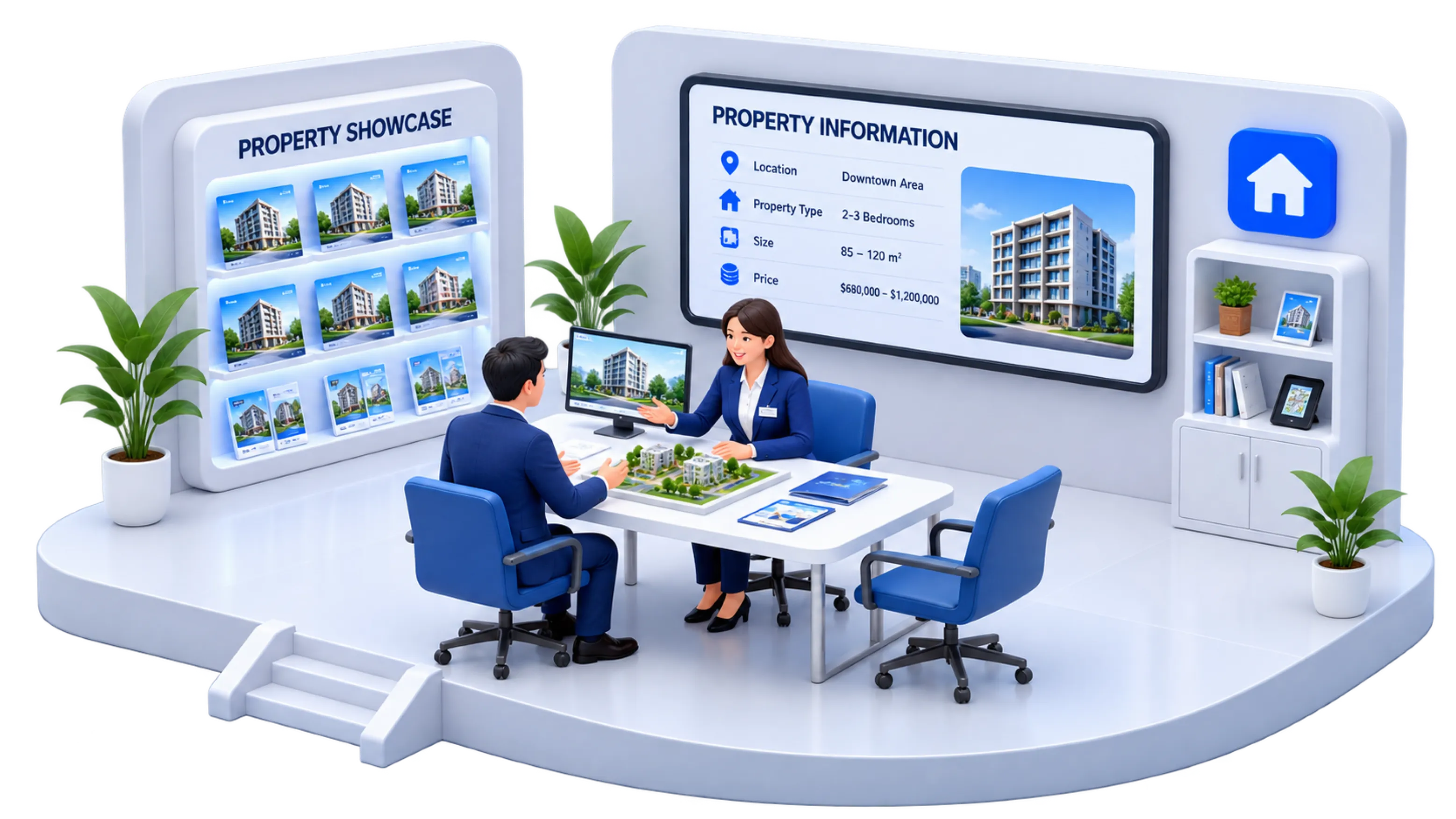 Isometric illustration of a real-estate viewing and negotiation practice scenario