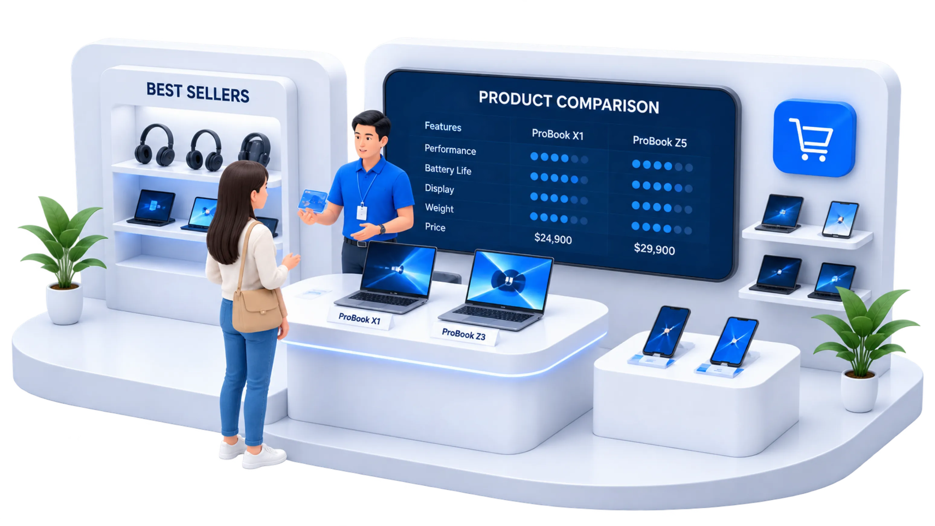 Isometric illustration of a retail store sales practice scenario