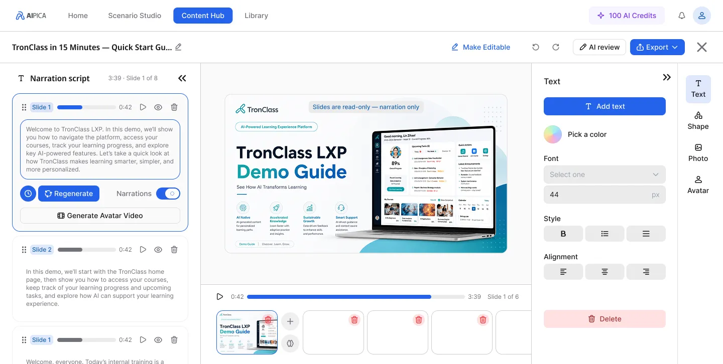 AIPICA Content Hub — narration script and slide editor